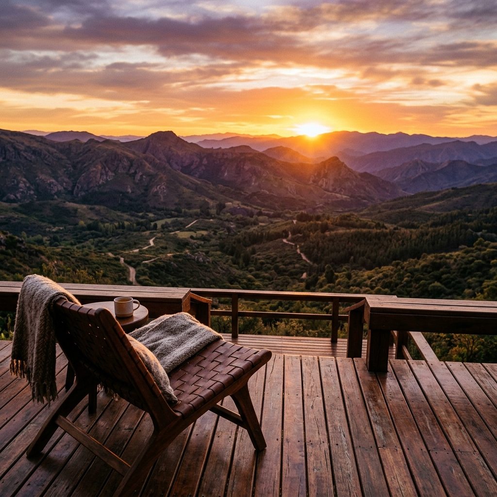 Deck de cabaña con vista a las sierras cordobesas durante el atardecer
